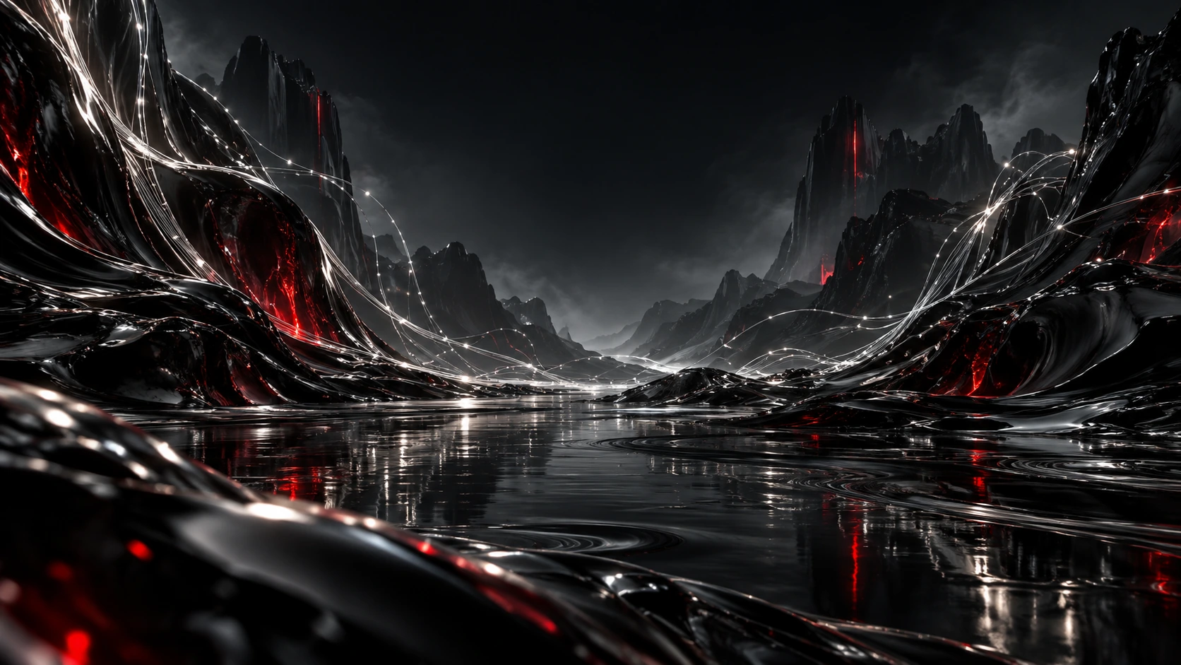 A dark sculptural landscape with silver particle paths and vivid red light.